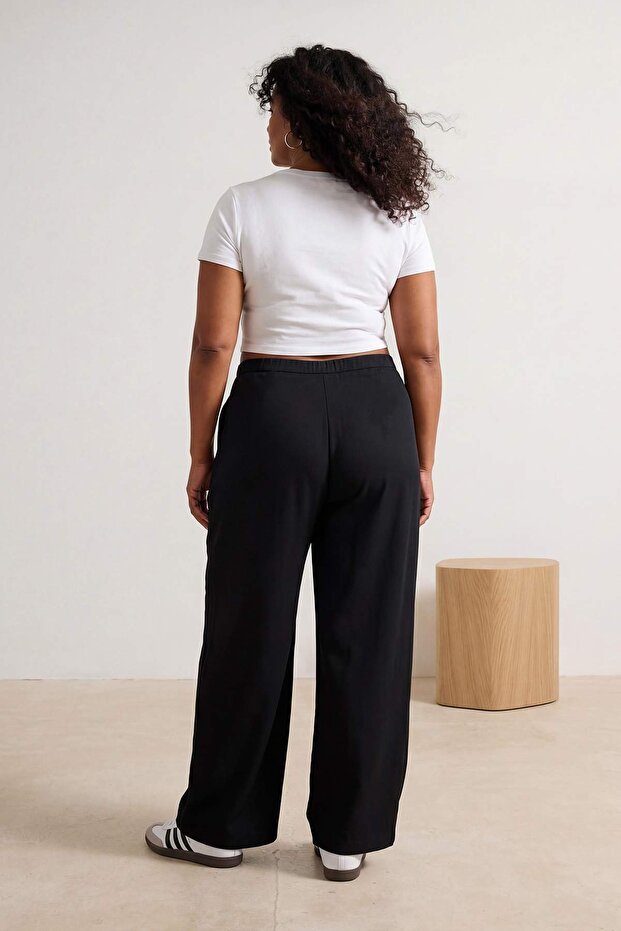 Siyah Pile Detaylı Soft Fırçalı Kumaş Büyük Beden Örme Pantolon TBBSS26AR00019 - 2