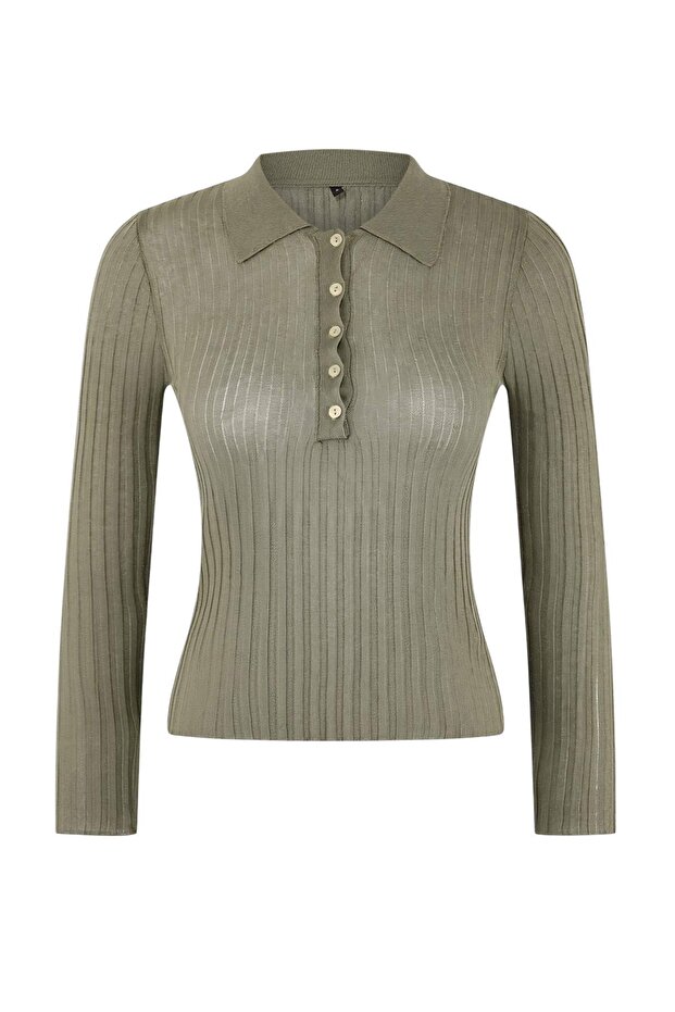 Wardrobe Essentials Açık Haki Fitilli Polo Yaka İnce Triko Kazak TWOSS26KZ00004 - 5