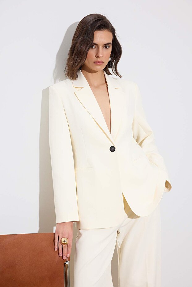 Limited Edition Kırık Beyaz Fitted/Vücuda Oturan Dokuma Blazer Ceket TWOSS26BC00021 - 5