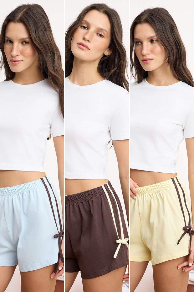 Mavi-Kahverengi-Sarı 3'lü Paket %100 Pamuklu Bağlamalı/Fiyonklu Örme Pijama Altı THMSS25PJ00022 - 1