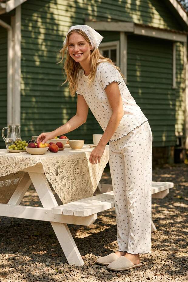 Beyaz %100 Pamuklu Çiçekli Baby Overloklu Fitilli/Pointel Örme Pijama Takımı THMSS26PT00012 - 1