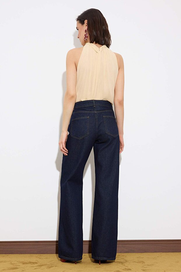Limited Edition Koyu Mavi DÖKÜMLÜ Cep Detaylı Yüksek Bel %100 Pamuk Wide Leg Jeans TWOSS26JE00028 - 4
