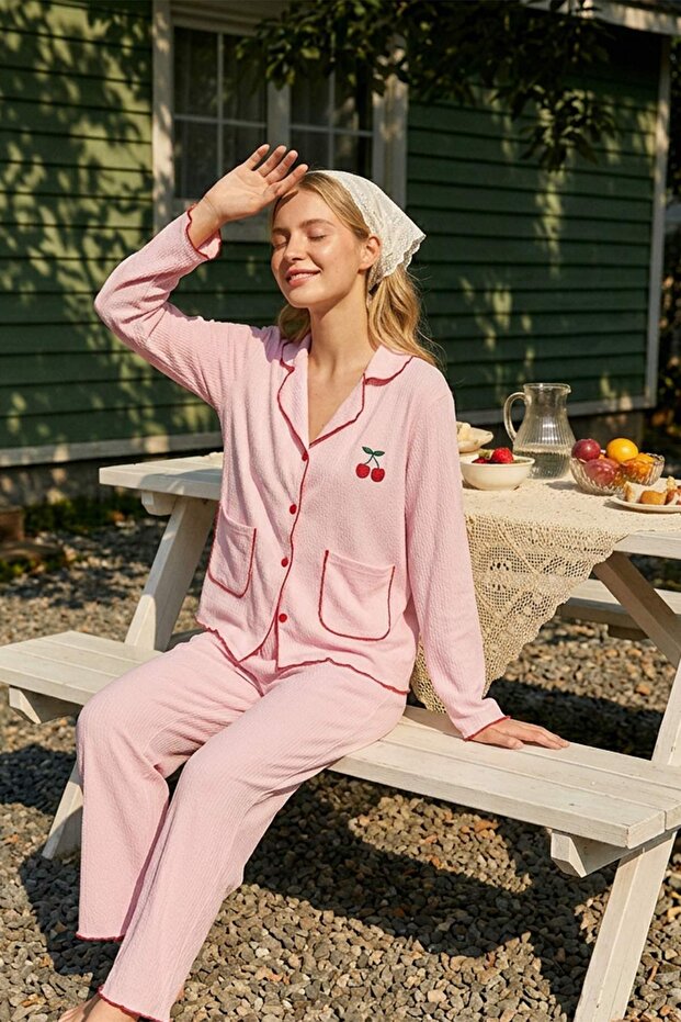 Pembe Kiraz Nakışlı Cepli Baby Overloklu Bürümcük Dokulu Örme Pijama Takımı THMSS26PT00018 - 1