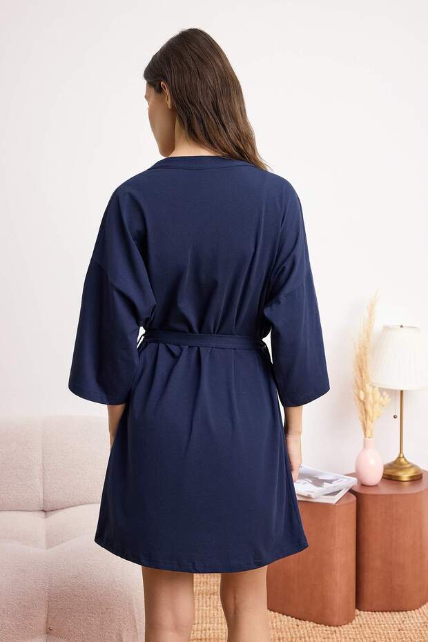 Lacivert 3'lü Pamuklu Dantelli Likralı Yumuşak Tuşe Örme Sabahlık+Pijama Takımı THMSS26PT00115 - 6