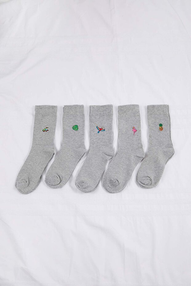 Gri 5'li Paket Nakışlı Soket Boy Unısex Çorap TMNSS26CO00001 - 2