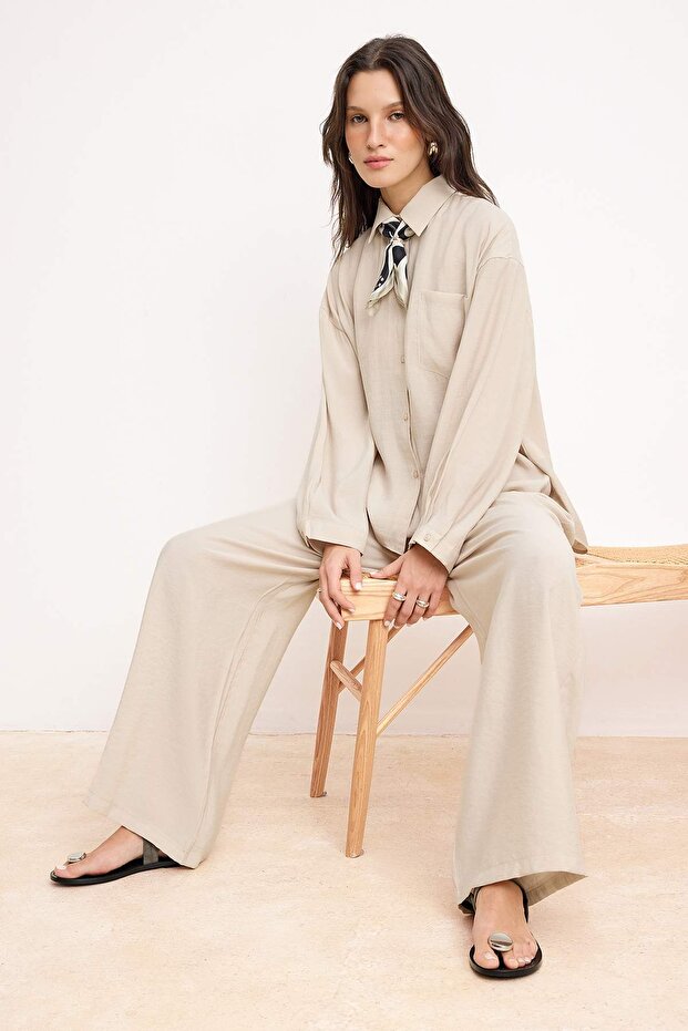 Bej Oversize Dökümlü Oversize Gömlek Geniş Paça Pantolon Alt - Üst Takım TCTSS26US00049 - 2