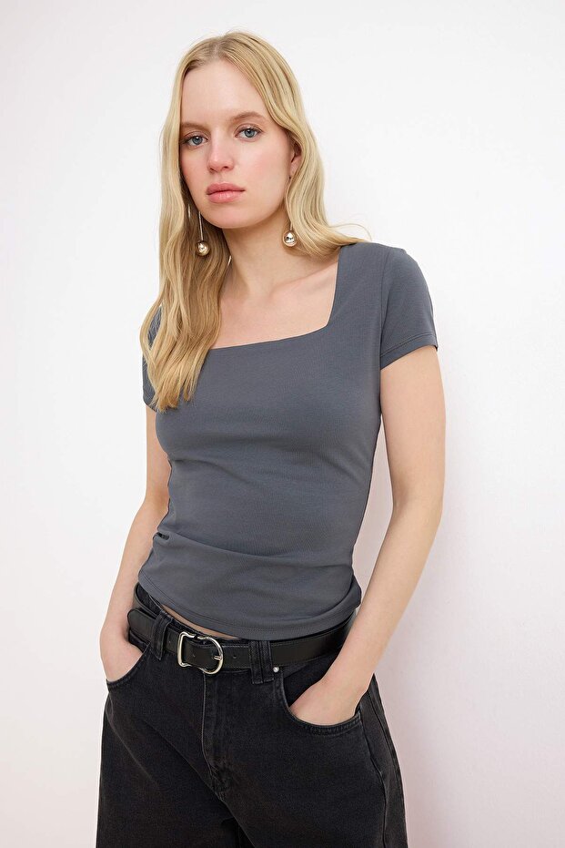 Anthracite Square Neck Fitted/Bodycon Knitted Blouse Twoss25Bz00378