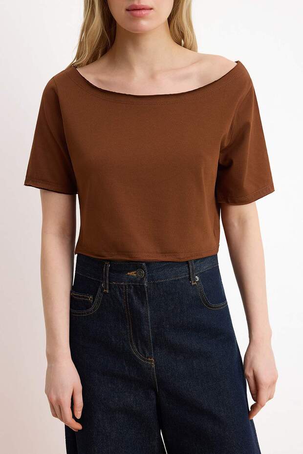 Kahverengi-Pembe 2'li Paket %100 Pamuk Asimetrik Kayık Yaka Crop Örme T-Shirt TWOSS25TS00194 - 6