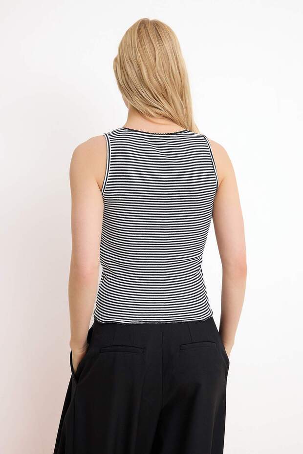 Siyah Çizgili Fitted/Vücuda Oturan Havuz Yaka Kolsuz Fitilli Esnek Örme Atlet TWOSS26AL00006 - 4