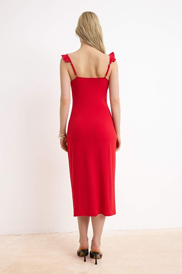 Kırmızı Bodycon V Yaka Kalın Askılı Kolsuz Volanlı/Fırfırlı Maxi Esnek Örme Elbise TWOSS26EL00202 - 4