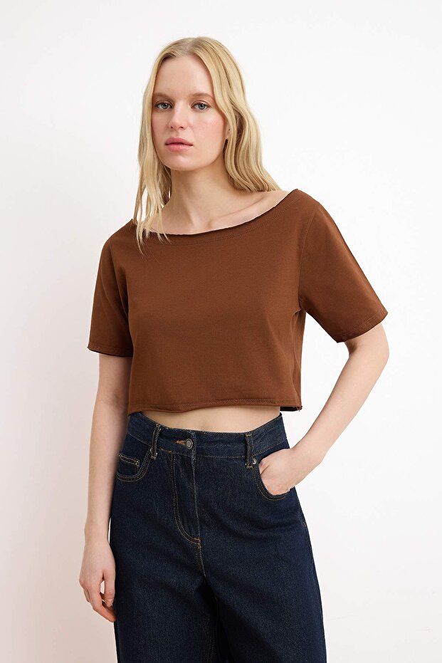 Kahverengi-Pembe 2'li Paket %100 Pamuk Asimetrik Kayık Yaka Crop Örme T-Shirt TWOSS25TS00194 - 5