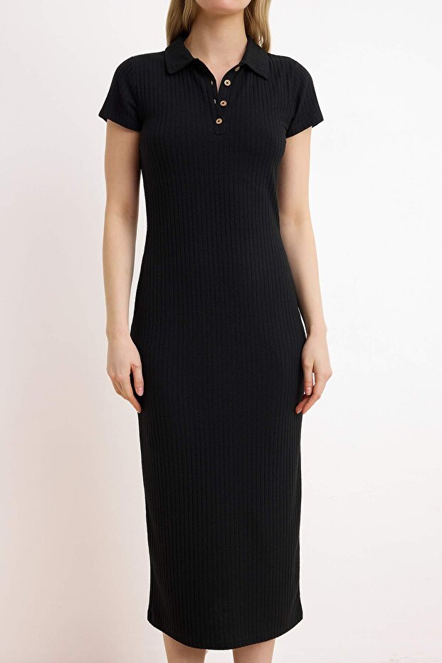 Siyah Bodycon Polo Yaka Ay Kol Kısa Kollu Midi Fitilli Esnek Örme Elbise TWOSS26EL00098 - 3
