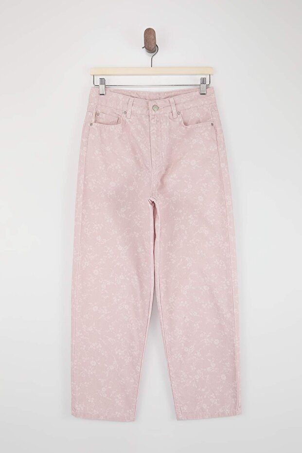 Pembe DÖKÜMLÜ Çiçek Baskılı %100 Pamuk Yüksek Bel Barrel Jeans TWOSS26JE00231 - 5