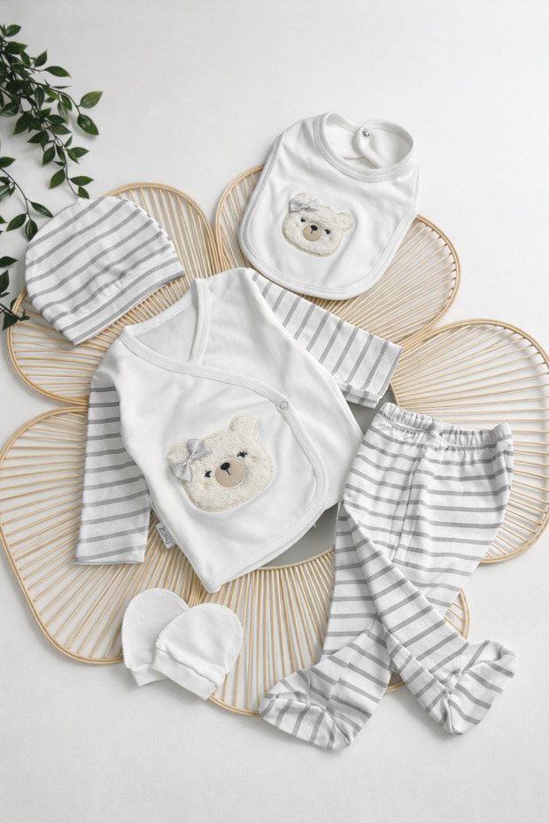 Newborn 5 Piece Boxed Set – 100% Cotton Teddy Bear Embroidered Hospital Release Baby Set