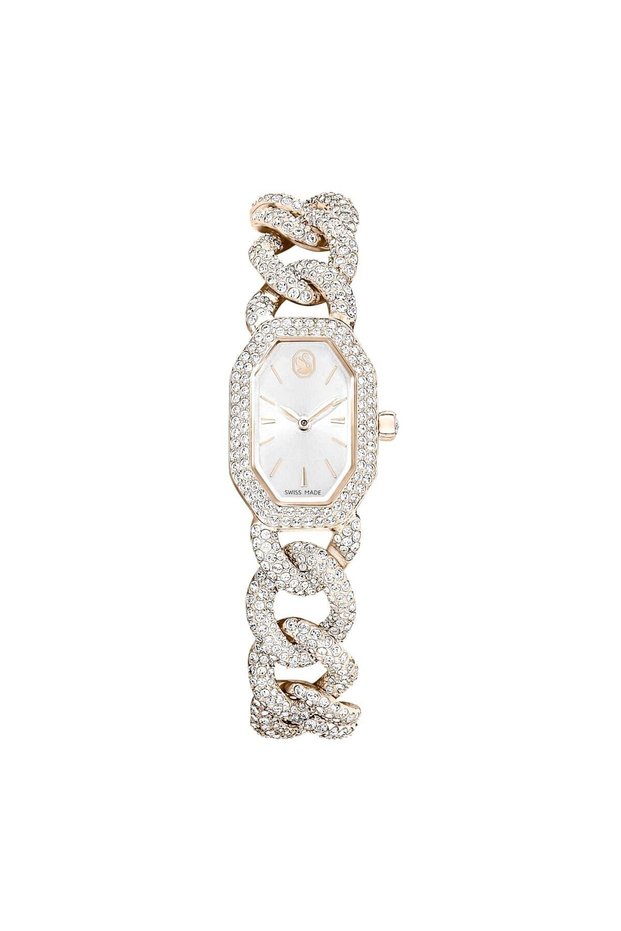 Dextera Chain Watch, Swiss Made, Crystal Bracelet, White, Champagne Gold Color Surface