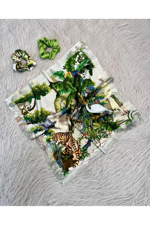 Women's Digital Printed Leopard Scarf & Baguette Buckle Set – 1 Scarf (48×48 cm) + 2 Baguette Buckles