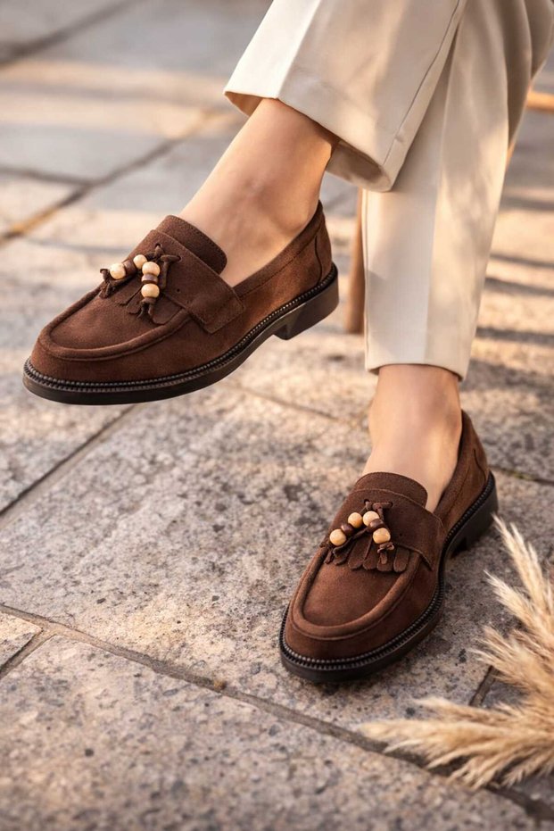 Vega Women's Loafer Beaded Soft Suede Anatomical Shoes C330-Brown
