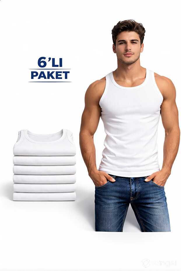 DeeAn Beyaz 6'lı Paket Pamuklu Erkek Atlet