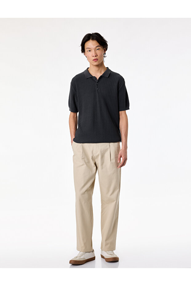 Regular Fit Textured Cotton Buttoned Polo Collar Short Sleeve Knitwear T-Shirt