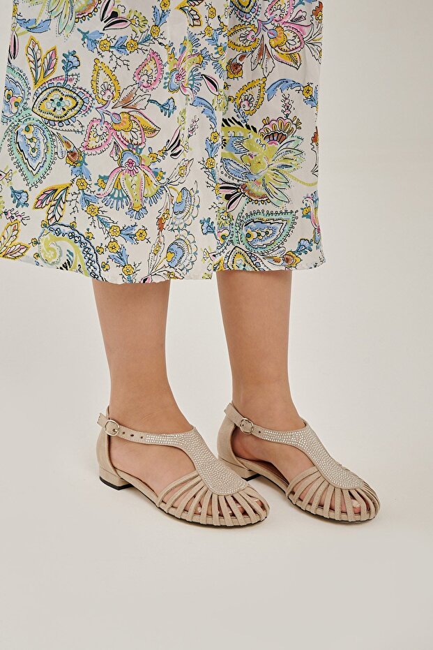Emma Beige Suede Stone Detail Buckle Sandals