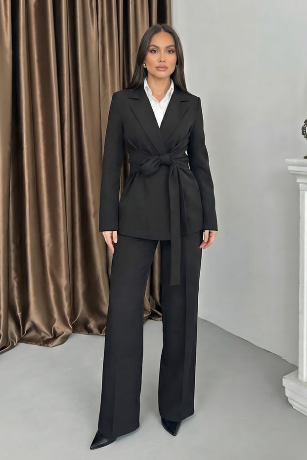 Women's Jacket Pants Set Waist Tie Detailed Blazer Jacket Wide Leg Pants Suit