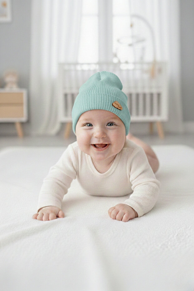 Baby Boy Green Cotton Beret with Wooden Emblem