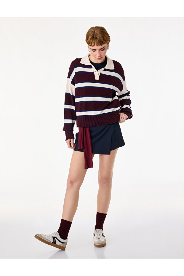Buttoned Striped Comfortable Fit Polo Collar Sweater
