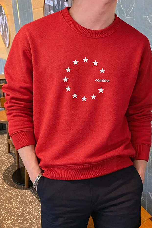 Star Printed Relaxed Fit Men's Red Sweatshirt