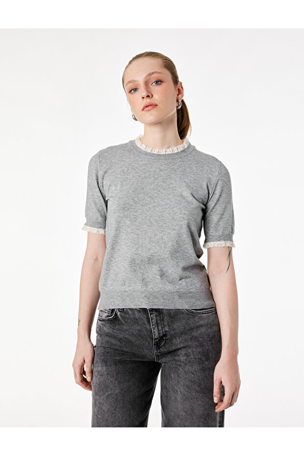 Wool Blend Short Sleeve Lace Detailed Crew Neck Knitwear Sweater