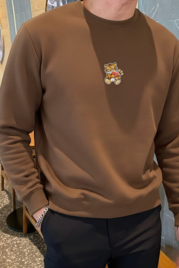 Men's Tiger Printed Loose Fit Brown Sweatshirt