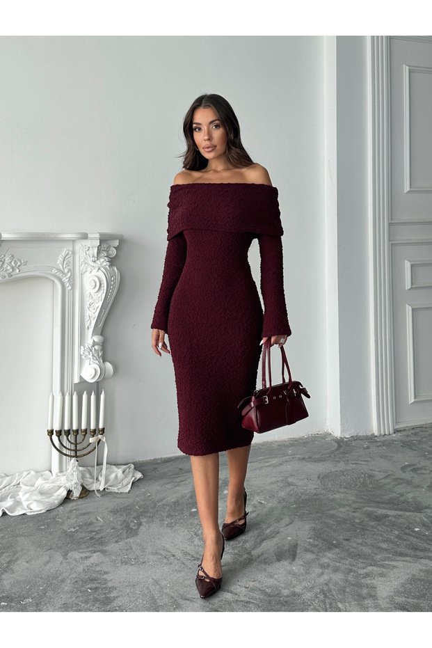 Madonna Collar Boucle Dress - Burgundy