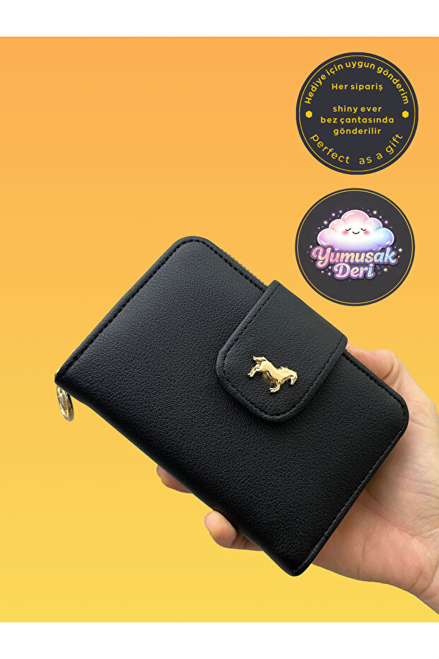 shiny ever Ortaboy Siyah Kadın Deri Cüzdan Gold Detaylı