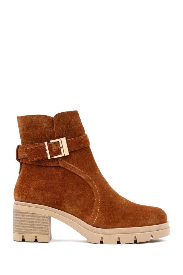 Women's Tan Thick Heeled Zippered Suede Leather Boots 25Wfd414110