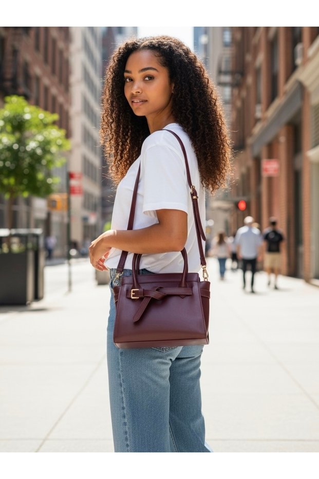 Women's Burgundy Cherry Red Mini Belt Detailed Zippered Cross Strap Hand and Shoulder Bag Alicia