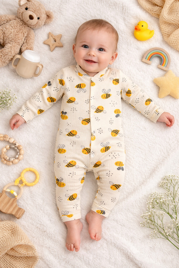 Bee Patterned Snap-On Baby Romper Without Booties