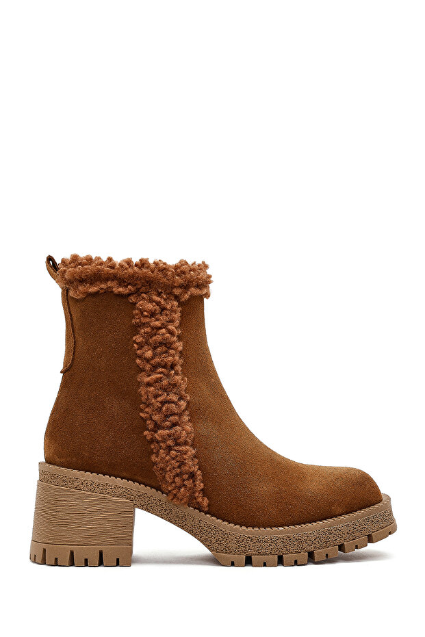 Women's Tan Zippered Thick Heeled Suede Leather Boots 25Wfd131810