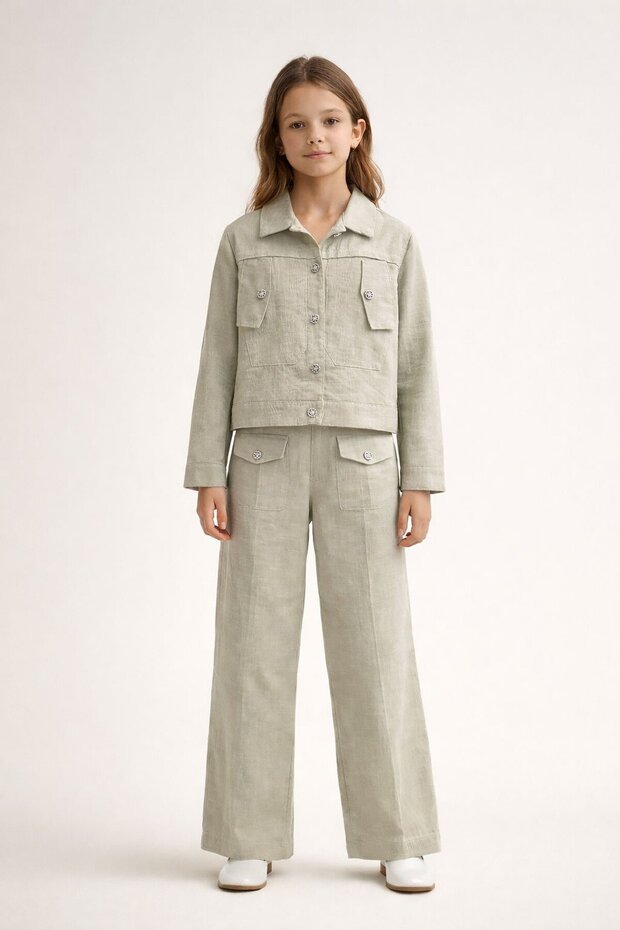 Beige Button Detailed Linen Shirt and Trousers Girls' 2-Piece Set 23518