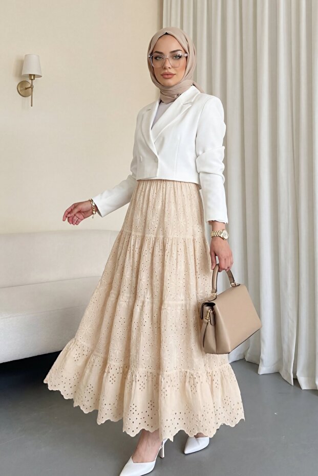 Fisto Işlemeli Katlamalı Etek -Bej - 3