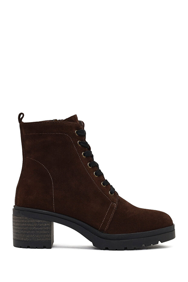 Women's Brown Zippered Thick Heeled Suede Leather Boots 25Wfd340310