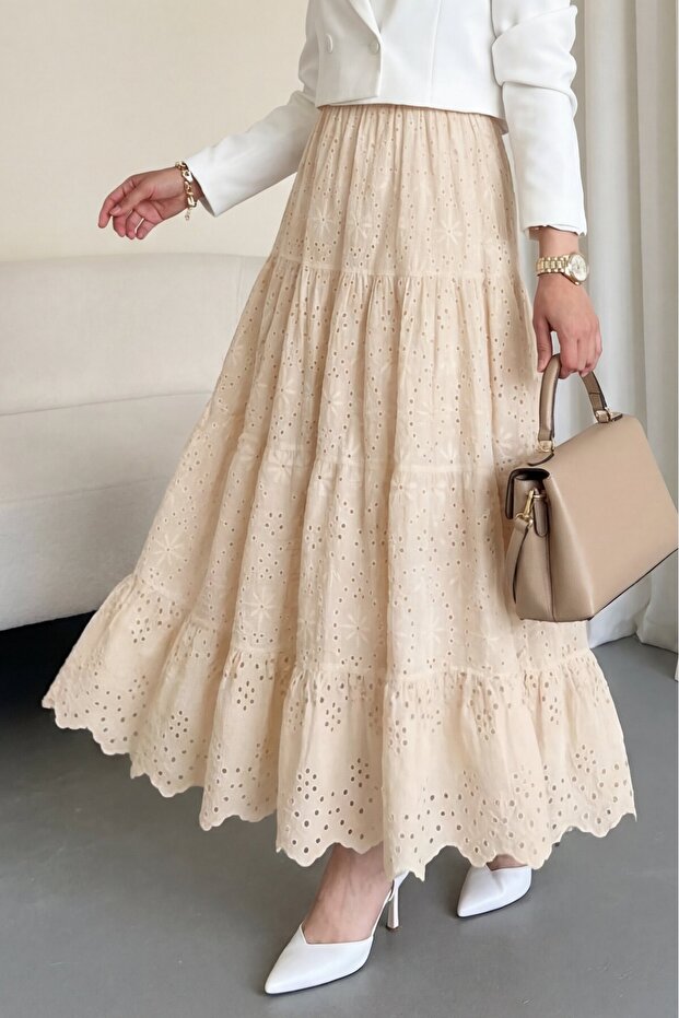 Fisto Işlemeli Katlamalı Etek -Bej - 2