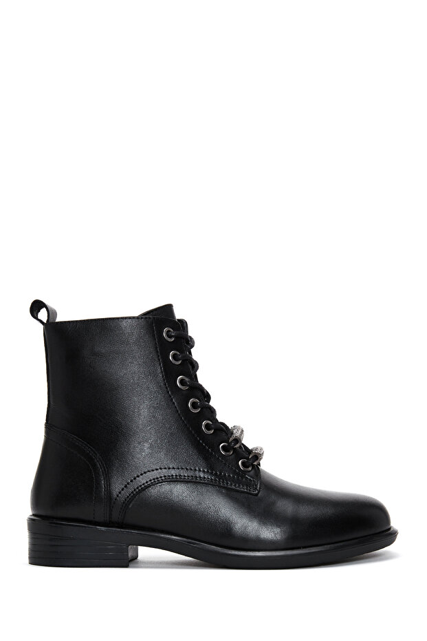 Women's Black Lace-Up Zipper Detailed Leather Boots 25Wfd420118