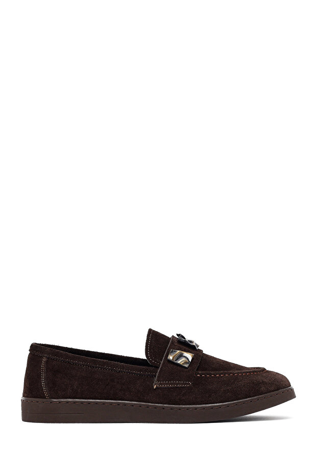 Women's Brown Buckle Suede Genuine Leather Loafer, Winter Shoes 25Afd204210