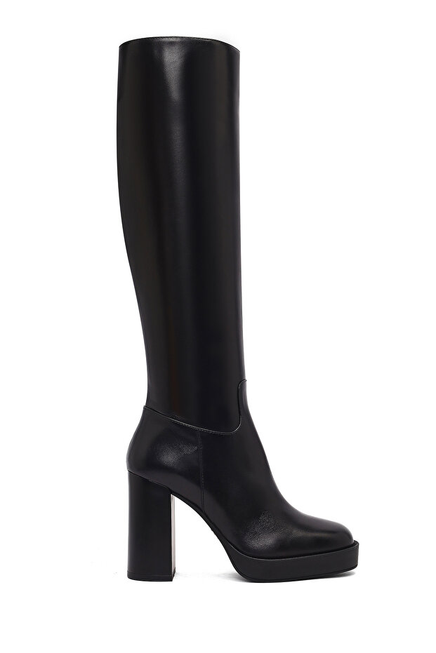 Women's Black Zippered High Heeled Leather Boots 25Wfd100418