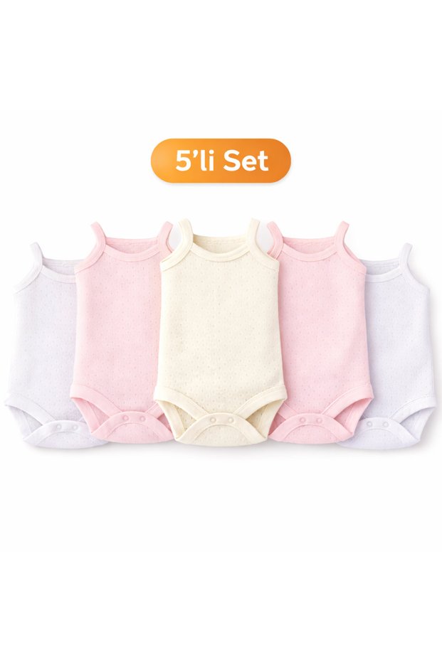 Pack of 5 Jacquard Strappy Baby Bodysuit with Snap Buttons 100% Cotton - Ecru Pink White