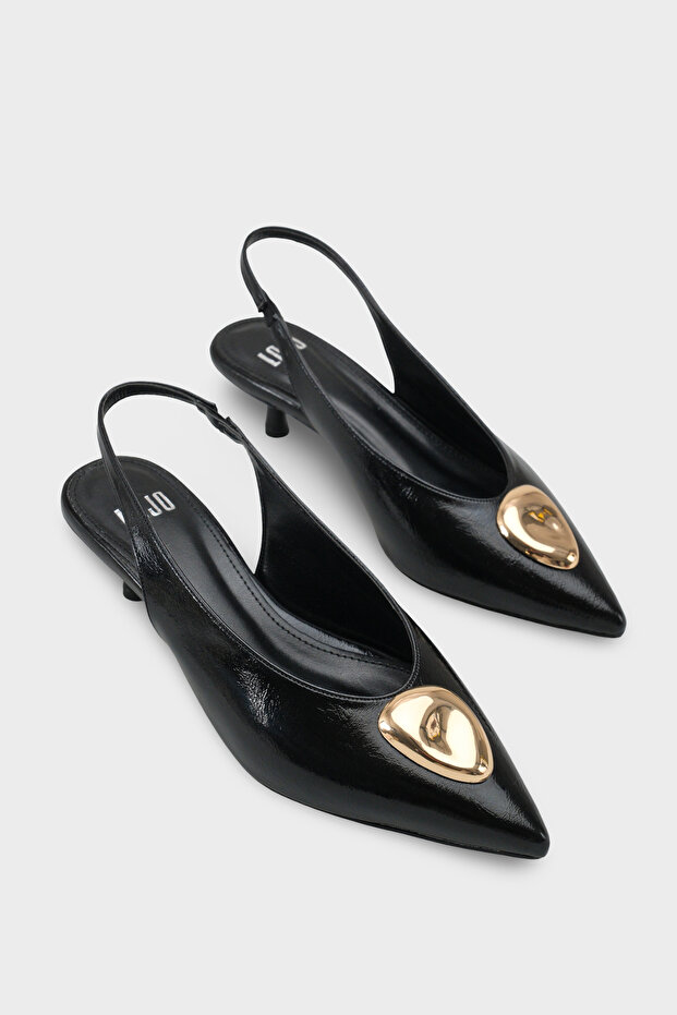 Women's Stiletto Gold Buckle Pointed Toe Open Heel Shoes Jaris Black