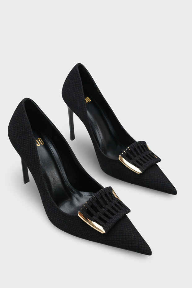Women's Stiletto Pointed Toe Gold Buckle Detailed Daily Heeled Shoes Sancarlo Black