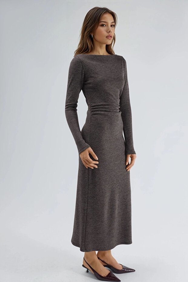 Drape Detaylı Kayık Yaka Maxi Elbise - 3