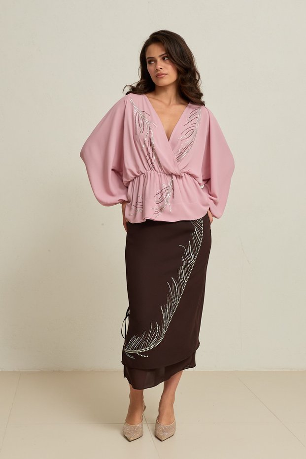 Bitter Brown Stone and Tulle Detailed Full-Fit Midi Skirt