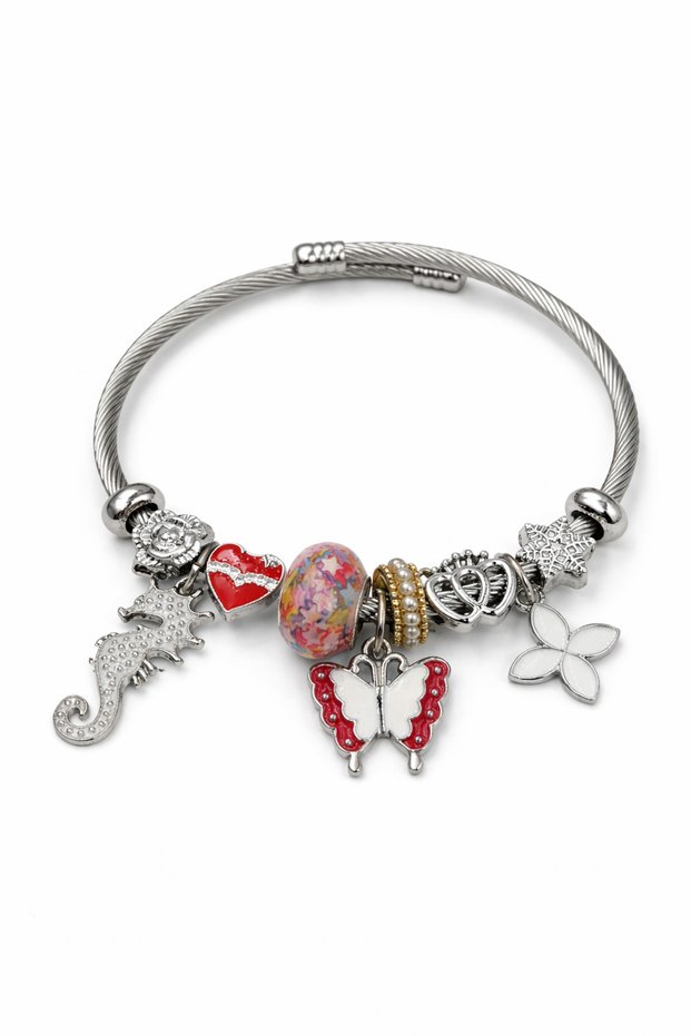 Women's Colorfast Steel Charm Bracelet - Featuring Butterfly and Seahorse Figures