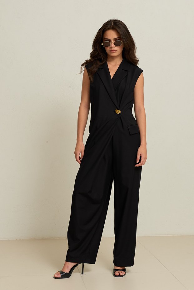 Black Striped Sleeveless Jumpsuit with Button and Pocket Detailing and Pants